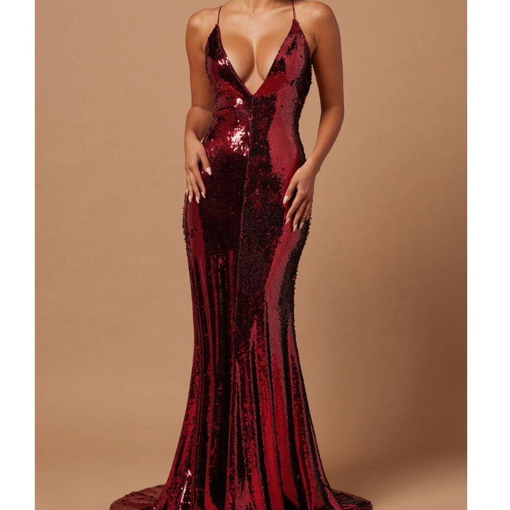 FASHION NOVA BURGUNDY LALA WINE SEQUIN GOWN BLACK TIE PROM MAXI DRESS - M